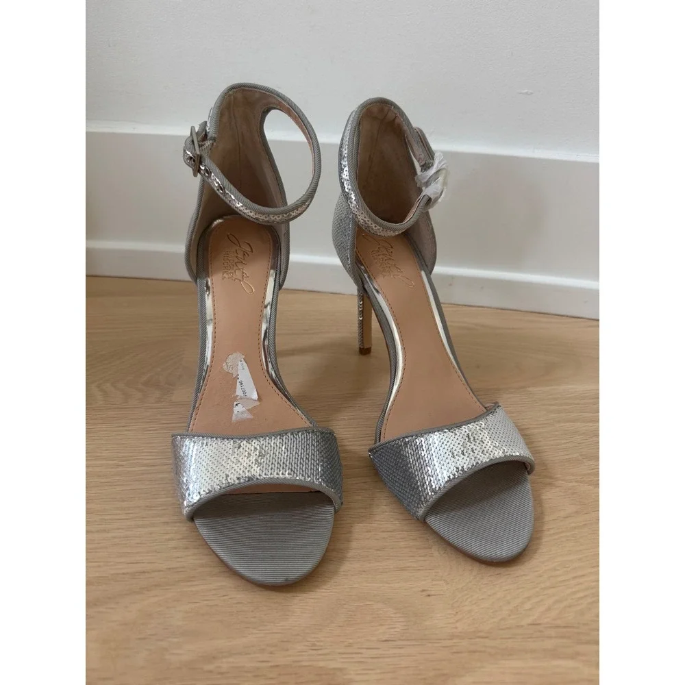 Jewel Badgley Mischka Silver Sequin Ankle Strap Stiletto Heels Sandals Sz 6.5